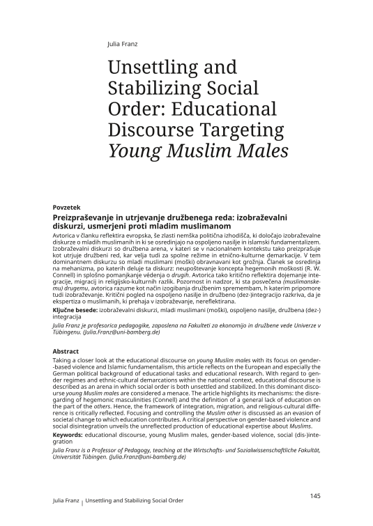 Unsettling and Stabilizing Social Order: Educational Discourse Targeting Young Muslim Males