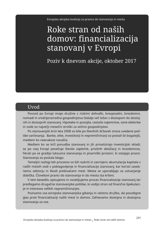 Roke stran od naših domov: financializacija stanovanj v Evropi - Poziv k dnevom akcije, oktober 2017