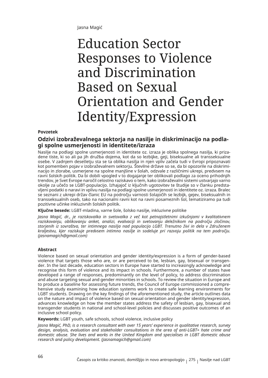 Education Sector Responses to Violence and Discrimination Based on Sexual Orientation and Gender Identity/Expression 