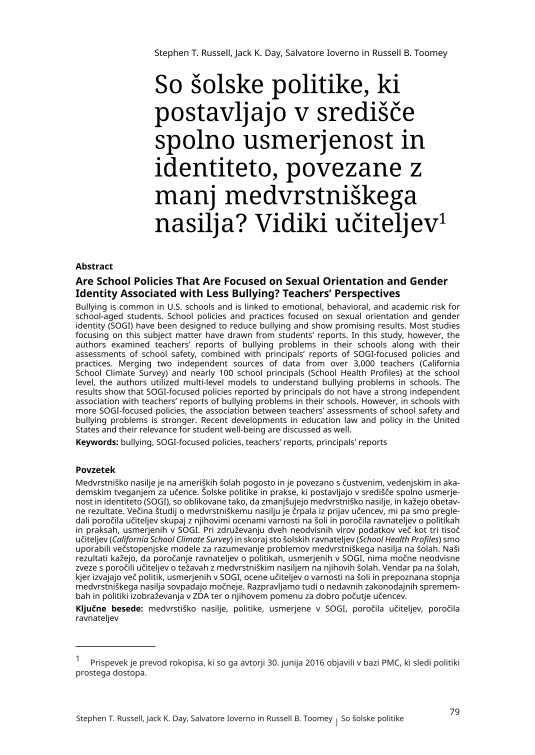 So šolske politike, ki postavljajo v središče spolno usmerjenost in identiteto, povezane z manj medvrstniškega nasilja? Vidiki učiteljev