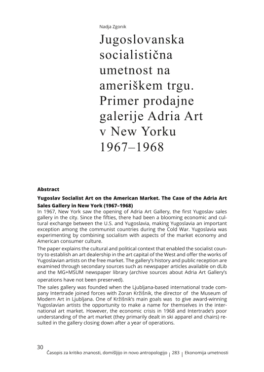 Yugoslav Socialist Art on the American Market. The Case of the Adria Art Sales Gallery in New York (1967–1968)