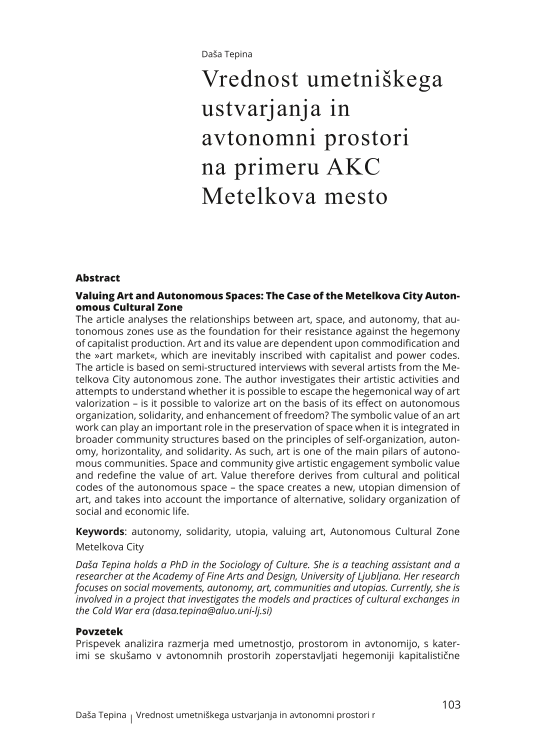 Valuing Art and Autonomous Spaces: The Case of the Metelkova City Autonomous Cultural Zone