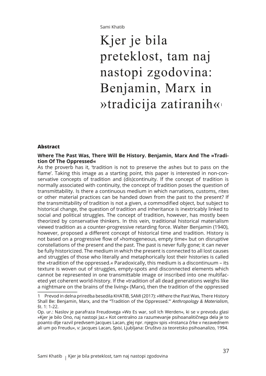 Kjer je bila preteklost, tam naj nastopi zgodovina: Benjamin, Marx in »tradicija zatiranih«