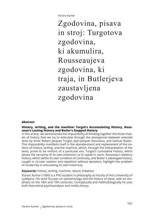 Zgodovina, pisava in stroj: Turgotova zgodovina, ki akumulira, Rousseaujeva zgodovina, ki traja, in Butlerjeva zaustavljena zgodovina