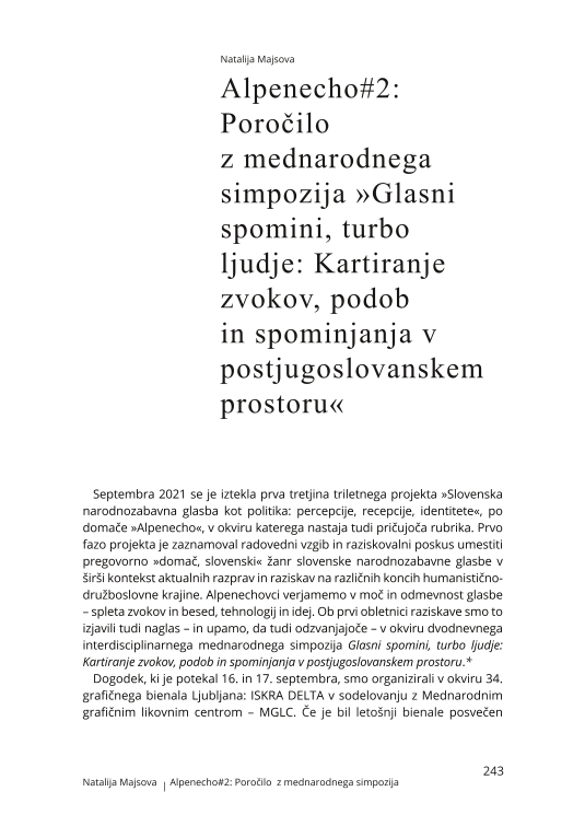 Alpenecho#2: Poročilo z mednarodnega simpozija »Glasni spomini, turbo ljudje: Kartiranje zvokov, podob in spominjanja v postjugoslovanskem prostoru«