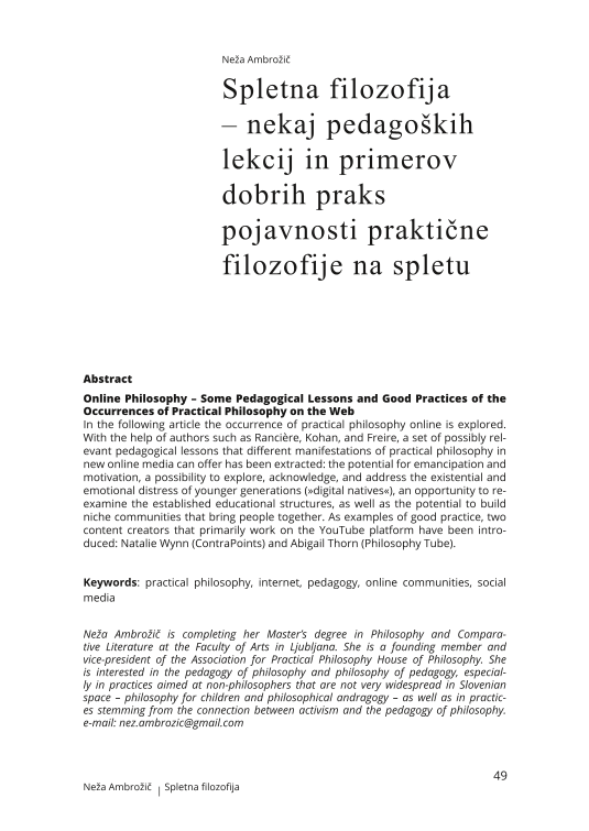 Spletna filozofija - nekaj pedagoških lekcij in primerov dobrih praks pojavnosti praktične filozofije na spletu