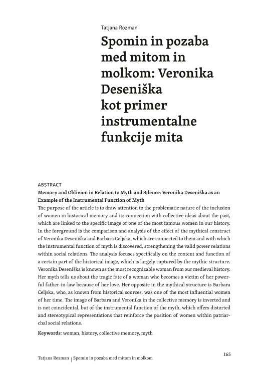 Spomin in pozaba med mitom in molkom: Veronika Deseniška kot primer instrumentalne funkcije mita