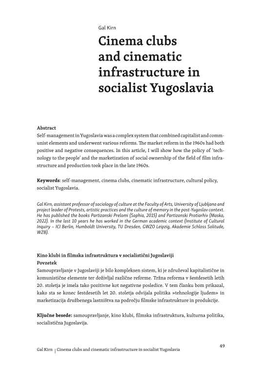 Kino klubi in filmska infrastruktura v socialistični Jugoslaviji